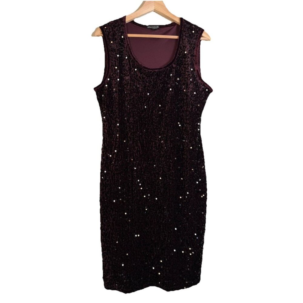 Velvet‎ Sequin Sheath Dress Burgundy Purple Size L Party Holiday Stretch Date